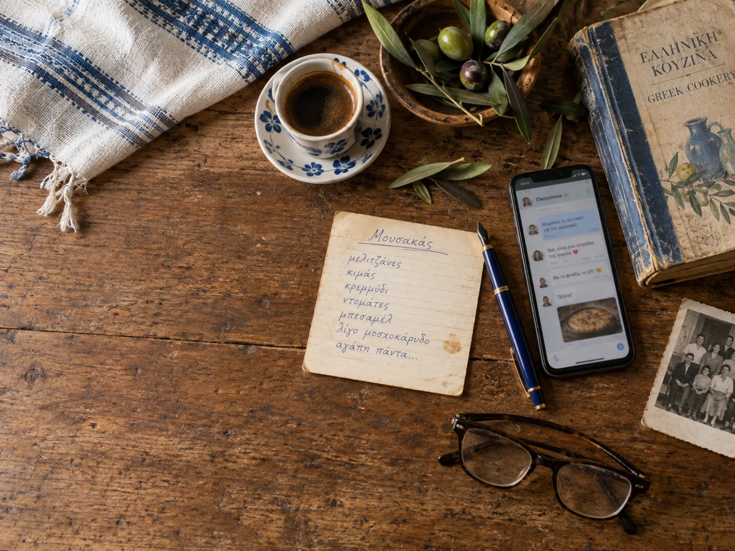 A family recipe, phone conversation, old photographs and Greek cookbook arranged on a kitchen table