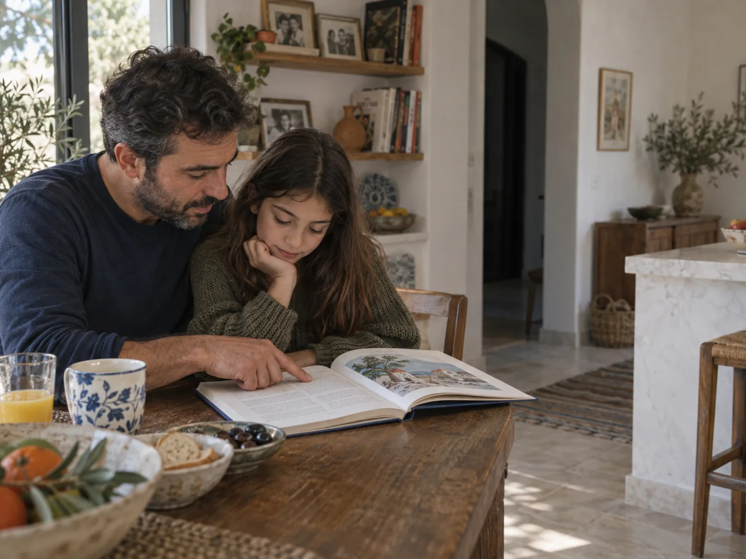 A father and daughter reading a printed storybook together at their kitchen table