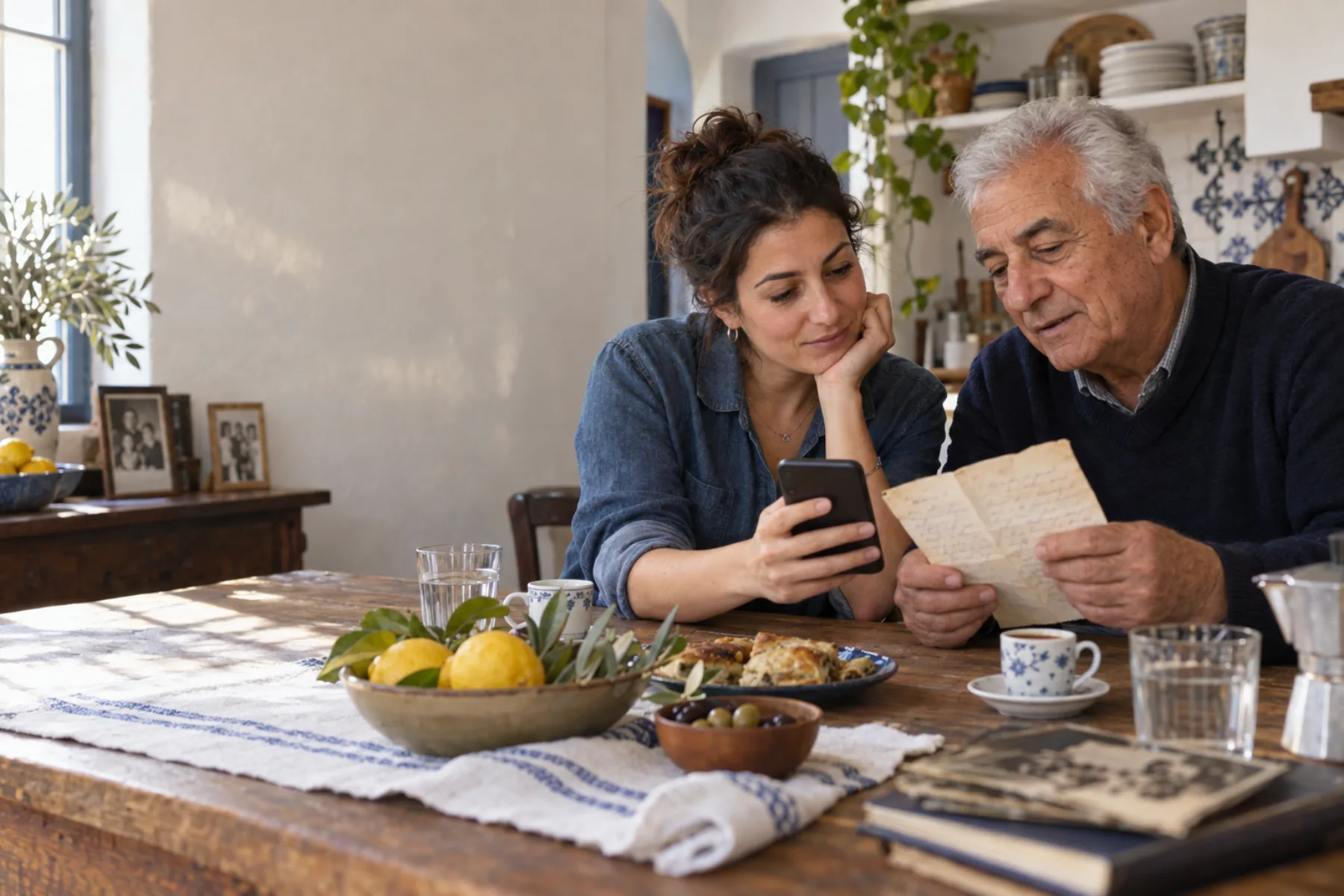 A woman and her father reading a family letter together at their kitchen table